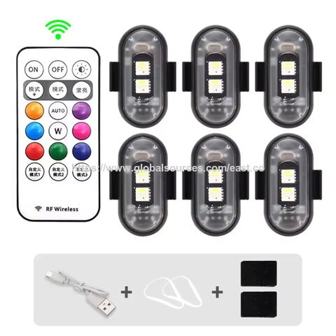 Conjunto de 6 luzes estroboscópicas LED sem fio com controle remoto, 8 cores, carregamento USB, à prova d'água para carro, motocicleta, drone, aeronave, bicicleta.