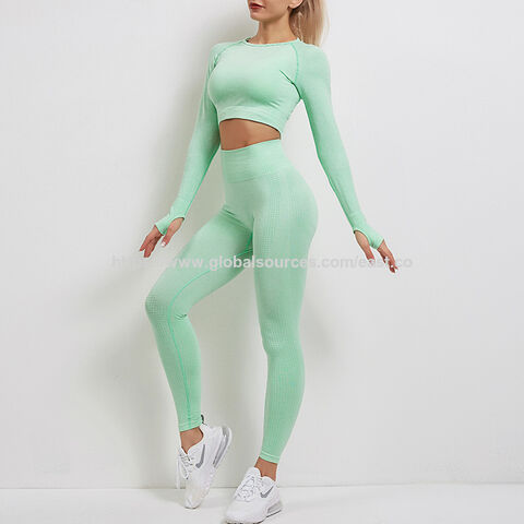 Fabricante Atacado Roupa de Yoga Sem Costura Roupa de Yoga Leggings de Manga Comprida Levanta Bumbum Elástico Tricotado Roupa de Fitness Fato de Treino