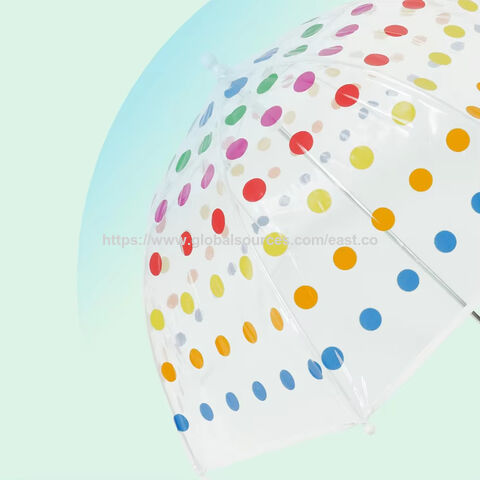 مظلة فقاعية مستقيمة صغيرة مقاس 19 بوصة بفتحة يدوية وقبة شفافة من البلاستيك بتصميم مخصص مظلات للأطفال بنقاط ملونة POE