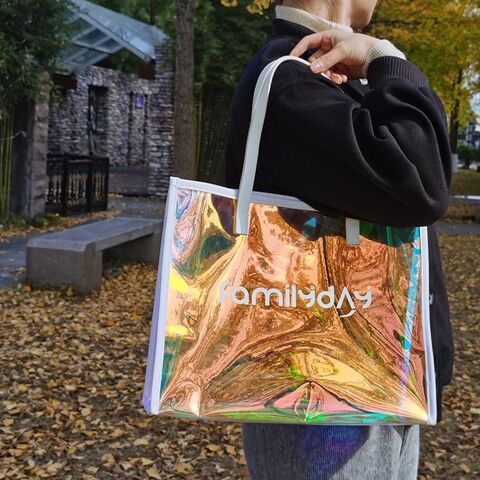 Sac fourre-tout holographique en plastique en gros avec poignée en cuir Sac holographique en PVC Sac à main tendance en PVC
