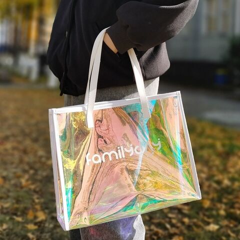 Sac fourre-tout holographique en plastique en gros avec poignée en cuir Sac holographique en PVC Sac à main tendance en PVC