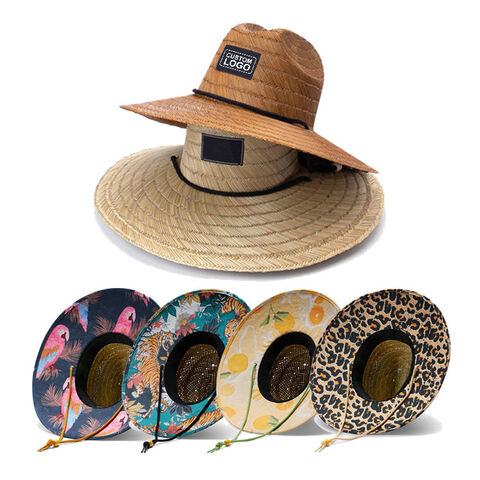 Topi Jerami Pantai Pria Wanita, Pelindung Matahari Musim Panas, Brim Lebar, Logo Kustom untuk Selancar