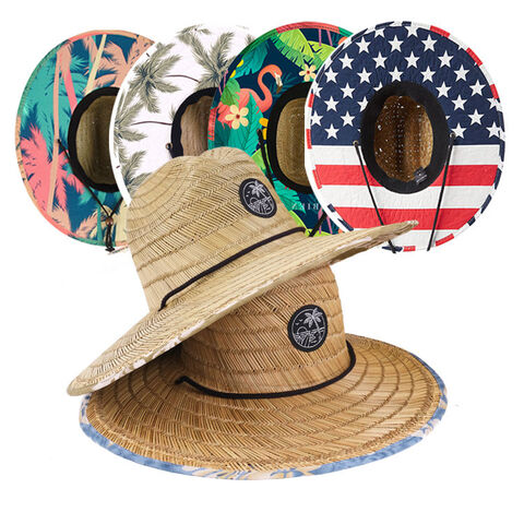 Topi Jerami Pantai Pria Wanita, Pelindung Matahari Musim Panas, Brim Lebar, Logo Kustom untuk Selancar