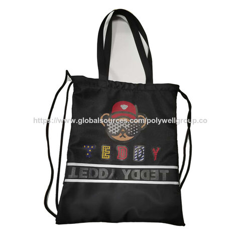 Bolsa tote de nailon negra personalizada con cordón, diseño nuevo al por mayor