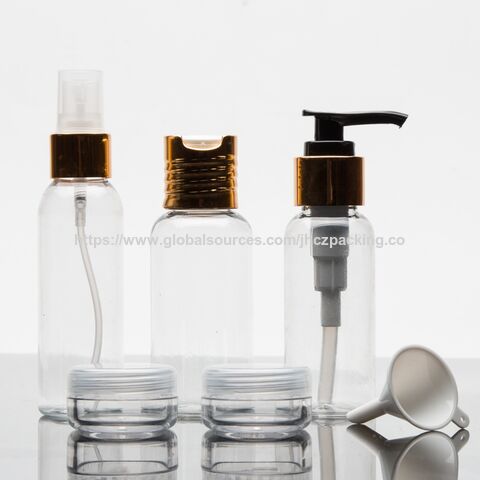 Nachfüllbares Creme-Pumpe Reiseset mit BPA-freien Plastikflaschen und schützender Metallhülle für die Hautpflege