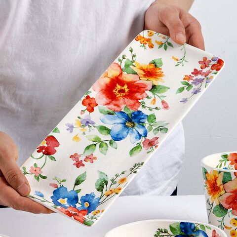 Plateau rectangulaire en céramique de 14 pouces au design unique pour ramequins, pain et autres plats