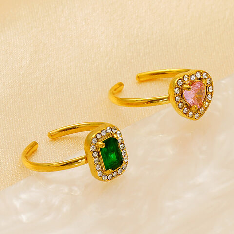 Bagues en Acier Inoxydable Tendance avec Zircon en Forme de Cœur Ouvert Plaqué Or 18K en Gros avec Faible MOQ pour Femmes, Personnalisation OEM/ODM
