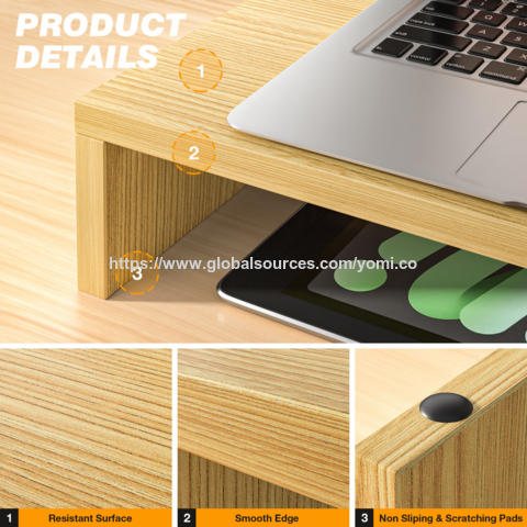 Support Rehausseur Double Écran en MDF Noir, Organisateur de Bureau pour 2 Moniteurs, Longueur et Angle Réglables, 3 Étagères