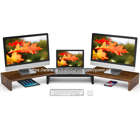 Support Rehausseur Double Écran en MDF Noir, Organisateur de Bureau pour 2 Moniteurs, Longueur et Angle Réglables, 3 Étagères