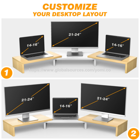 Support Rehausseur Double Écran en MDF Noir, Organisateur de Bureau pour 2 Moniteurs, Longueur et Angle Réglables, 3 Étagères