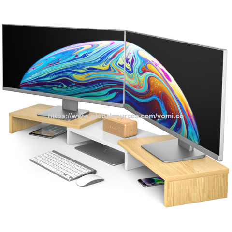 Support Rehausseur Double Écran en MDF Noir, Organisateur de Bureau pour 2 Moniteurs, Longueur et Angle Réglables, 3 Étagères