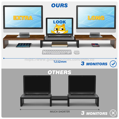 Support Rehausseur Double Écran en MDF Noir, Organisateur de Bureau pour 2 Moniteurs, Longueur et Angle Réglables, 3 Étagères
