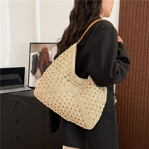 Sac fourre-tout en paille tissée pour femmes - Nouveau sac de plage ajouré pour les vacances, sac à bandoulière bohème au style polyvalent