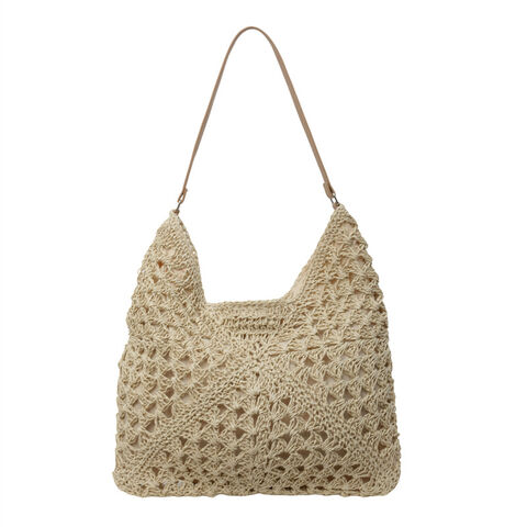 Sac fourre-tout en paille tissée pour femmes - Nouveau sac de plage ajouré pour les vacances, sac à bandoulière bohème au style polyvalent