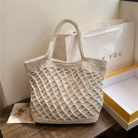 Sac au Crochet en Coton de Couleur Unie - Fourre-Tout Bohème Tissé pour Vacances à la Plage, Sac à Main Naturel Fait Main avec Esthétique Forestière