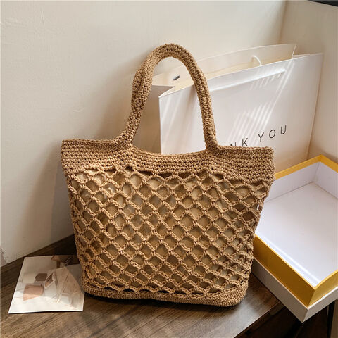 Sac au Crochet en Coton de Couleur Unie - Fourre-Tout Bohème Tissé pour Vacances à la Plage, Sac à Main Naturel Fait Main avec Esthétique Forestière