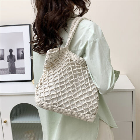 Sac au Crochet en Coton de Couleur Unie - Fourre-Tout Bohème Tissé pour Vacances à la Plage, Sac à Main Naturel Fait Main avec Esthétique Forestière