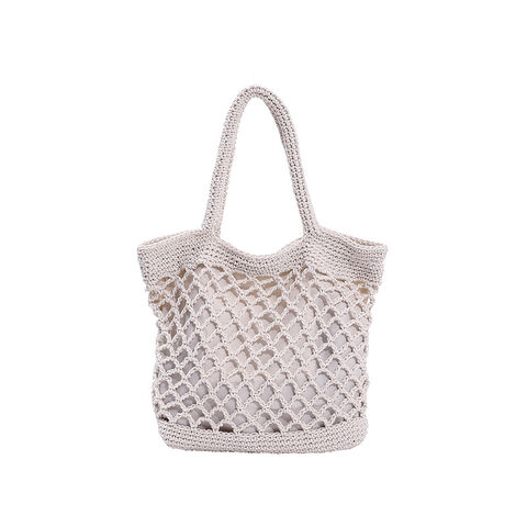 Sac au Crochet en Coton de Couleur Unie - Fourre-Tout Bohème Tissé pour Vacances à la Plage, Sac à Main Naturel Fait Main avec Esthétique Forestière