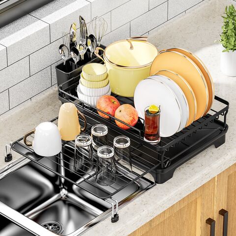 Égouttoir à Vaisselle Métallique Extensible avec Porte-Ustensiles, Accessoire de Cuisine Vertical avec Plateau d'Égouttement et Porte-Couverts