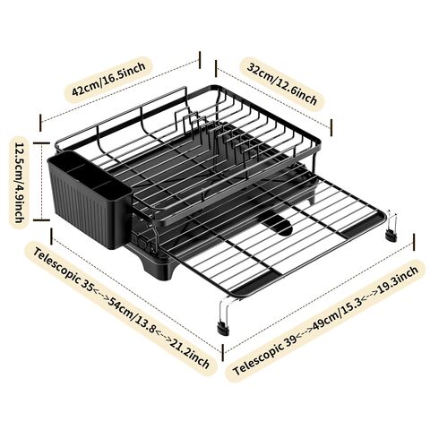 Égouttoir à Vaisselle Métallique Extensible avec Porte-Ustensiles, Accessoire de Cuisine Vertical avec Plateau d'Égouttement et Porte-Couverts