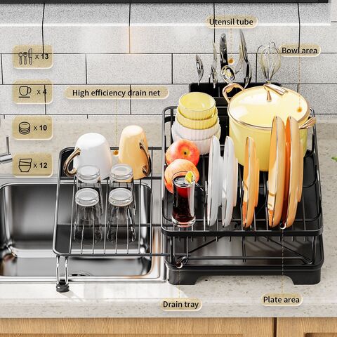 Égouttoir à Vaisselle Métallique Extensible avec Porte-Ustensiles, Accessoire de Cuisine Vertical avec Plateau d'Égouttement et Porte-Couverts