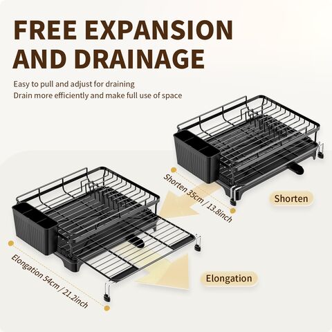Égouttoir à Vaisselle Métallique Extensible avec Porte-Ustensiles, Accessoire de Cuisine Vertical avec Plateau d'Égouttement et Porte-Couverts