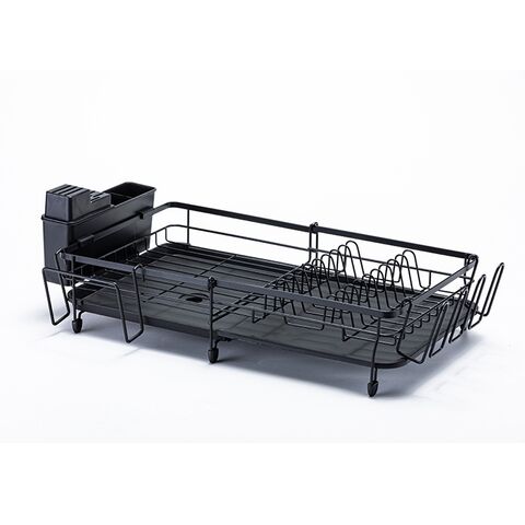 Égouttoir à Vaisselle en Métal pour Évier de Cuisine, Support d'Égouttage avec Porte-Couverts, Noir