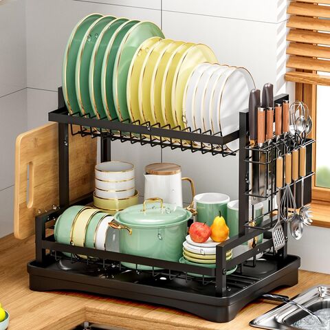 Égouttoir à Vaisselle Métallique à 2 Niveaux et Égouttoir à Ustensiles, Accessoire de Cuisine Vertical Moderne pour Évier, Double Couche