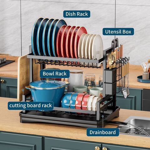 Égouttoir à Vaisselle Métallique à 2 Niveaux et Égouttoir à Ustensiles, Accessoire de Cuisine Vertical Moderne pour Évier, Double Couche