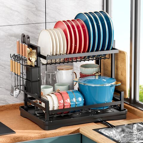 Égouttoir à Vaisselle Métallique à 2 Niveaux et Égouttoir à Ustensiles, Accessoire de Cuisine Vertical Moderne pour Évier, Double Couche