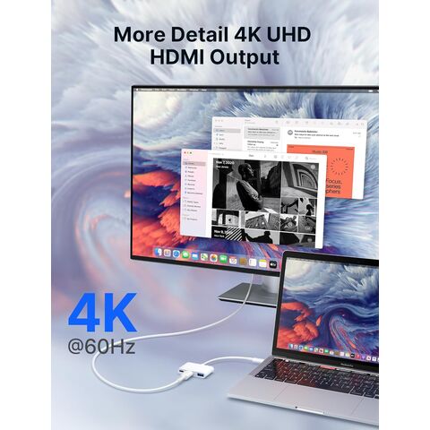 Adaptador USB-C para HDMI, Adaptador AV Digital Multiport 4K@60Hz 3 em 1 Carregamento de 100W, Hub Adaptador USB A 3.0 e USB-C de 5Gbps