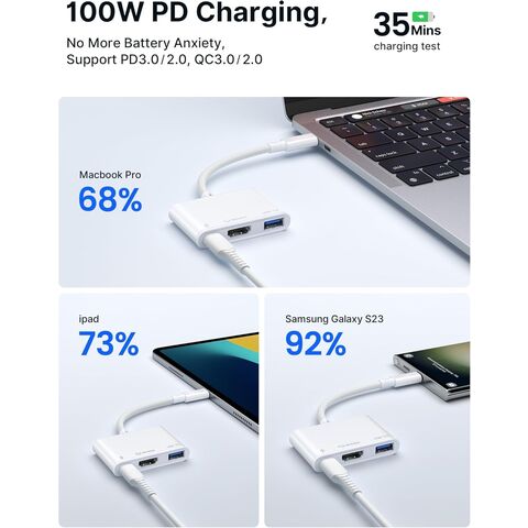 Adaptador USB-C para HDMI, Adaptador AV Digital Multiport 4K@60Hz 3 em 1 Carregamento de 100W, Hub Adaptador USB A 3.0 e USB-C de 5Gbps