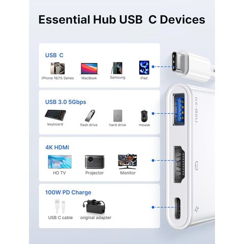 Adaptador USB-C para HDMI, Adaptador AV Digital Multiport 4K@60Hz 3 em 1 Carregamento de 100W, Hub Adaptador USB A 3.0 e USB-C de 5Gbps