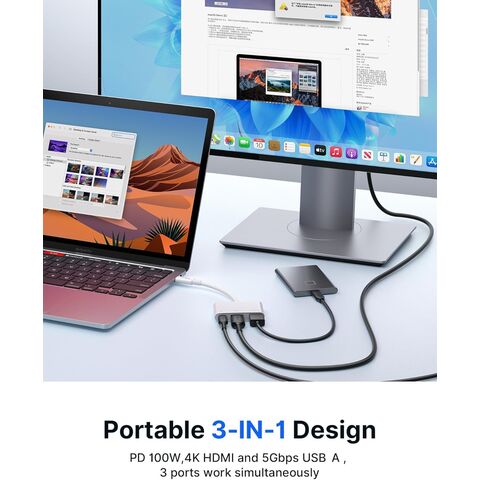 Adaptador USB-C para HDMI, Adaptador AV Digital Multiport 4K@60Hz 3 em 1 Carregamento de 100W, Hub Adaptador USB A 3.0 e USB-C de 5Gbps