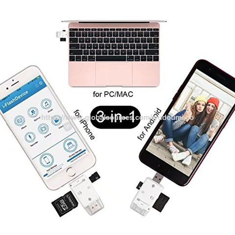 Lector de tarjetas de memoria OTG 3 en 1 para iPhone, iPad, Android, PC, lector de tarjetas TF/SD
