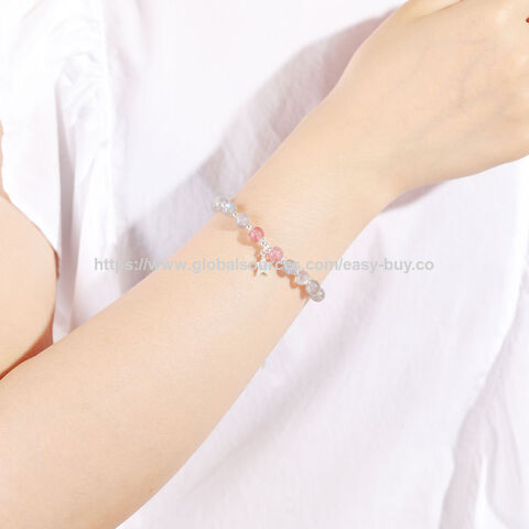 Pulseira de Prata 925 com Pedra da Lua e Cristal de Morango para Mulheres - Pulseira Simples Personalizada Rosa