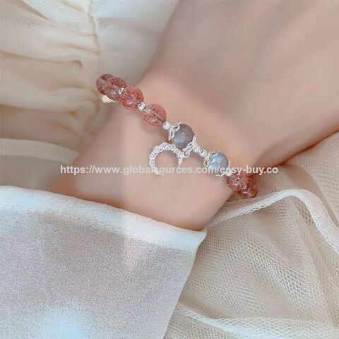 Pulseira de Prata 925 com Pedra da Lua e Cristal de Morango para Mulheres - Pulseira Simples Personalizada Rosa