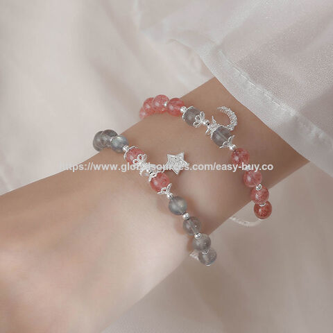 Pulseira de Prata 925 com Pedra da Lua e Cristal de Morango para Mulheres - Pulseira Simples Personalizada Rosa