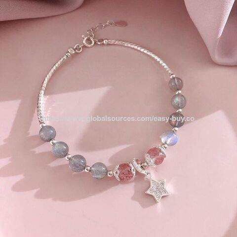 Pulseira de Prata 925 com Pedra da Lua e Cristal de Morango para Mulheres - Pulseira Simples Personalizada Rosa