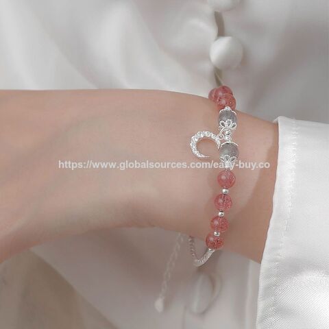 Pulseira de Prata 925 com Pedra da Lua e Cristal de Morango para Mulheres - Pulseira Simples Personalizada Rosa