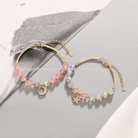 Pulseira de Prata 925 com Pedra da Lua e Cristal de Morango para Mulheres - Pulseira Simples Personalizada Rosa