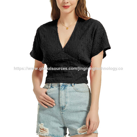 Günstige Damen Kurzarm Blusen Tops Locker V-Ausschnitt Casual Uni Tops im Großhandel