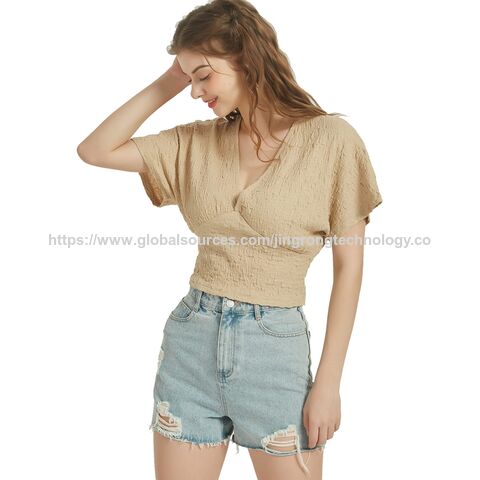 Günstige Damen Kurzarm Blusen Tops Locker V-Ausschnitt Casual Uni Tops im Großhandel