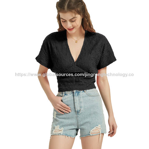 Günstige Damen Kurzarm Blusen Tops Locker V-Ausschnitt Casual Uni Tops im Großhandel