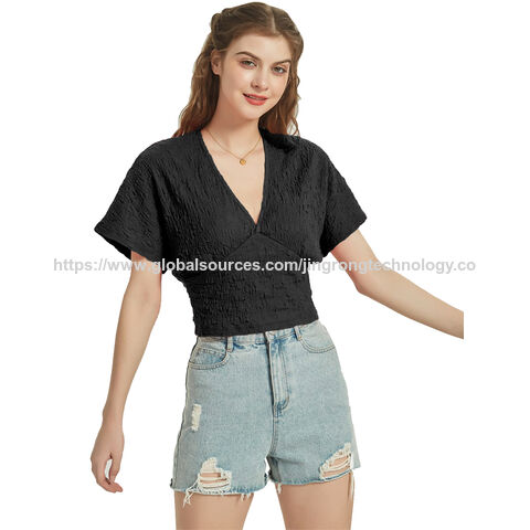 Günstige Damen Kurzarm Blusen Tops Locker V-Ausschnitt Casual Uni Tops im Großhandel