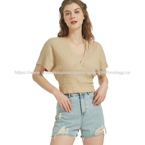 Günstige Damen Kurzarm Blusen Tops Locker V-Ausschnitt Casual Uni Tops im Großhandel