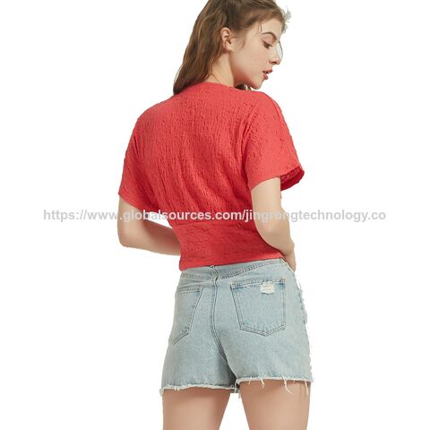 Günstige Damen Kurzarm Blusen Tops Locker V-Ausschnitt Casual Uni Tops im Großhandel
