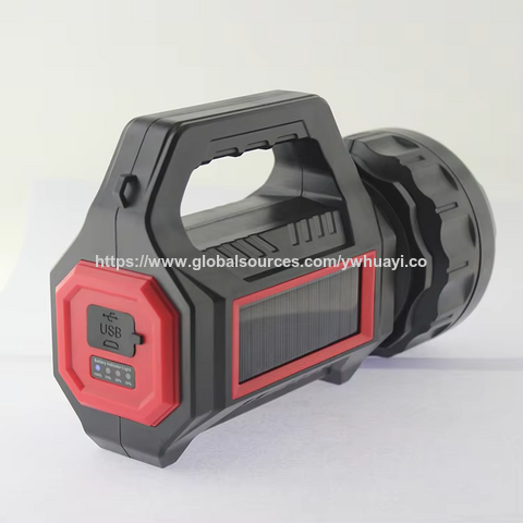 Linterna de mano multifuncional portátil con carga solar y USB, banco de energía, luz de búsqueda y luz de advertencia roja, totalmente de plástico