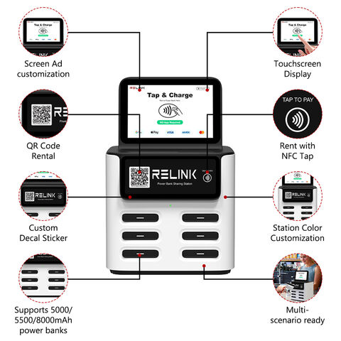 Relink Estación de Alquiler de Power Banks de 6 Ranuras con App - Kiosco de Carga de Móviles Compartido para Restaurantes