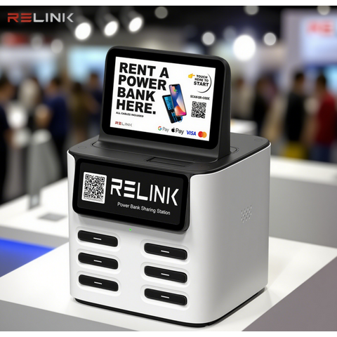 Relink Estación de Alquiler de Power Banks de 6 Ranuras con App - Kiosco de Carga de Móviles Compartido para Restaurantes